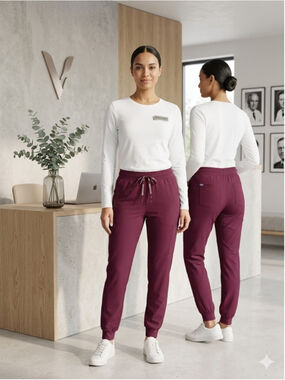 Med Couture Peaches Jogger Scrub Pants Womens L Large Wine Maroon Cargo Pockets